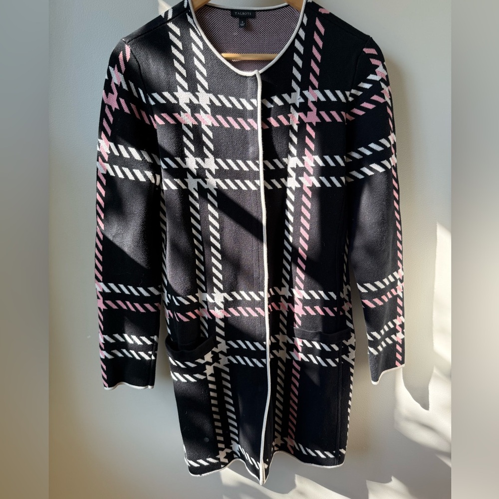 TALBOTS Herringbone Plaid Sweater Coat Classic Old Money Mature Windowpane S